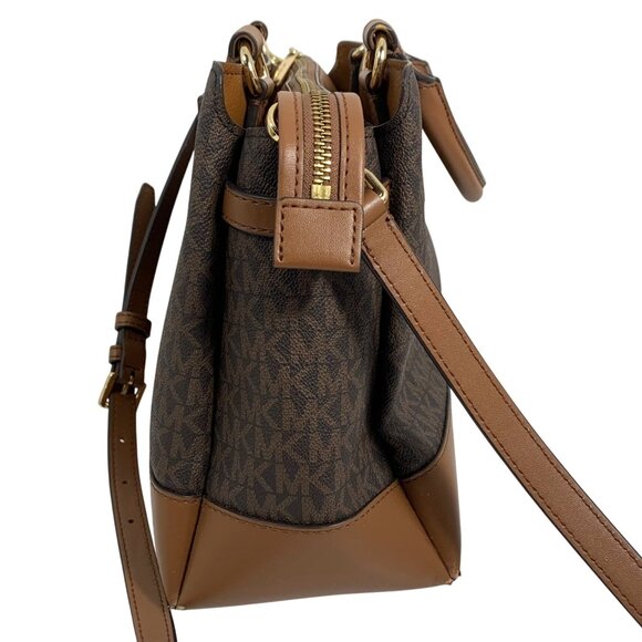 Michael Kors Reed Large Belted Satchel Bag Purse Brown MK Signature Logo FLAW - Picture 3 of 16